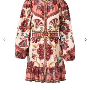 FARM Rio Red and Cream Bishop Sleeve Mini Sundress